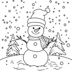 A snowman enjoying a winter day, coloring page for kids, simple outline illustration. Coloring book, simple lines.