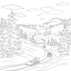 Obraz premium A snowy landscape with children sledding down hills, coloring page for kids, simple outline illustration. Coloring book, simple lines.