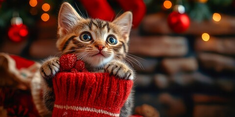 Adorable tabby kitten peeking out of a festive red stocking, surrounded by Christmas decorations and warm holiday lights.