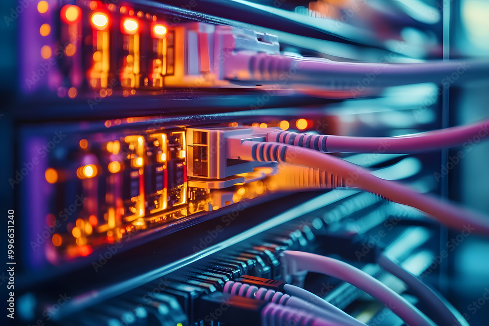 Poster data cables. network switch and ethernet cables in data center technology