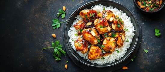 Pollo salteado con salsa agridulce sobre una cama de arroz blanco, adornado con hierbas frescas y almendras, presentado en un elegante plato negro.