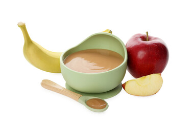 Delicious baby food in bowl and ingredients isolated on white