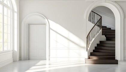 Obraz premium Elegant White Room with Arched Doorway and Winding Staircase