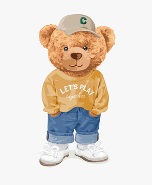 Naklejki cute brown bear in yellow sweater and blue jeans vector illustration