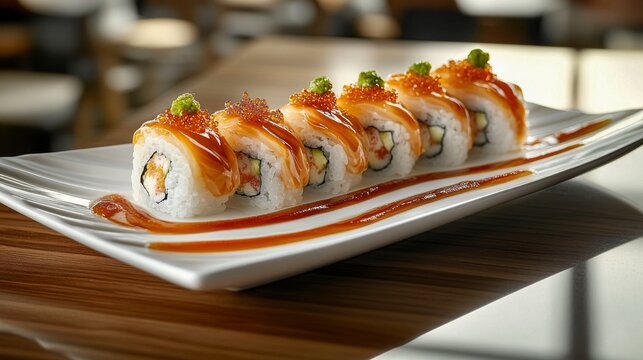Rollo de sushi con salm&oacute;n fresco y salsa dulce, decorado con cebolleta y presentado en un plato rectangular blanco.