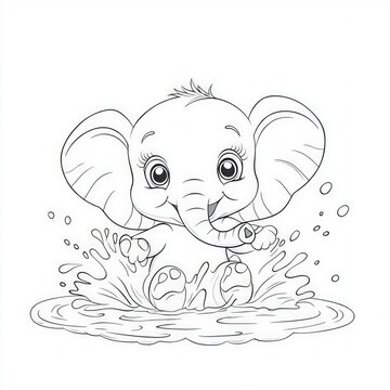 recommend clip art: An adorable baby elephant splashing in a puddle, coloring page for kids, simple outline illustration. Coloring book, simple lines.
