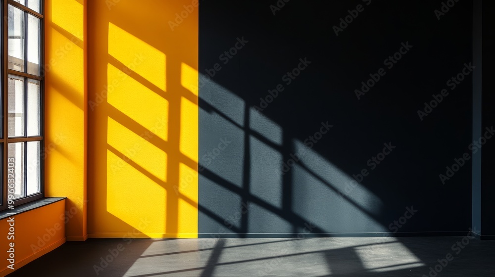 Poster a studio space showcases bold black and yellow walls illuminated by sunlight. the interplay of light
