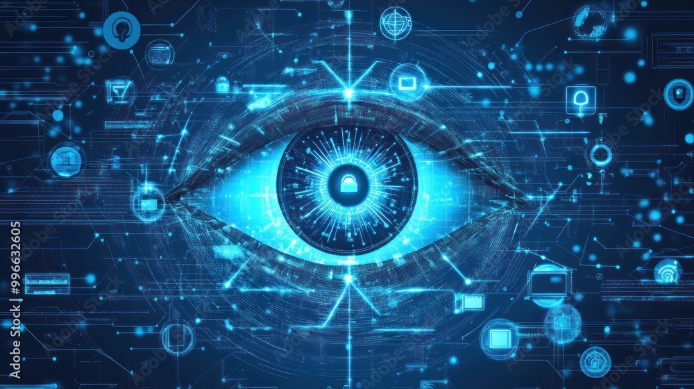 Poster an abstract representation of an eye surrounded by digital elements and technology symbols.