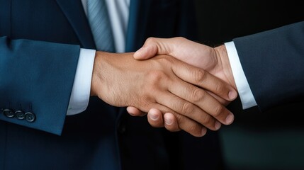 Obraz premium Close-up of two hands engaging in a firm handshake, symbolizing business agreement and partnership.