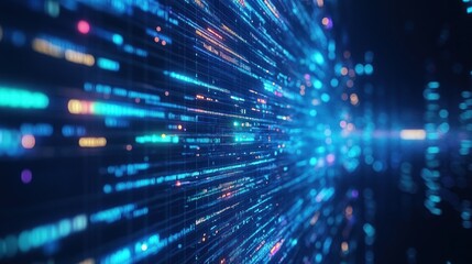 Obraz premium Abstract digital data stream with glowing lines and particles.