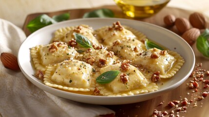 Rellenos raviolis servidos en salsa cremosa con nueces crujientes y hojas de albahaca fresca, presentados en un plato elegante sobre una mesa de madera.