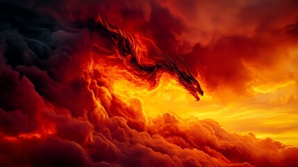 A fiery dragon made of smoke and light soaring across a burning sunset sky, Dragon in Fire Sky, Mythical fantasy