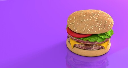 Classic hamburger isolated in purple background. Fresh, delicious burgers with a beef patty, lettuce, onions, tomatoes and cucumbes. A large, fresh hamburger with overflowing cheese filling.