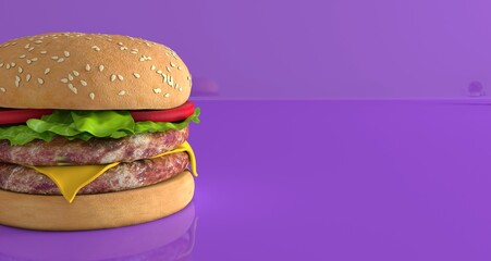 Classic hamburger isolated in purple background. Fresh, delicious burgers with a beef patty, lettuce, onions, tomatoes and cucumbes. A large, fresh hamburger with overflowing cheese filling.	
