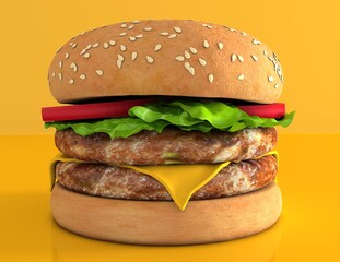 Classic hamburger isolated in yellow background. Fresh, delicious burgers with a beef patty, lettuce, onions, tomatoes and cucumbes. A large, fresh hamburger with overflowing cheese filling.	
