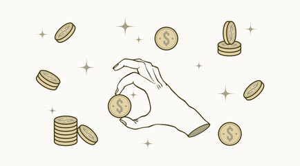 vector illustration of a hand gesture catching or holding coin. It can be used to describe saving money management, payment, financial planning, saving, business.