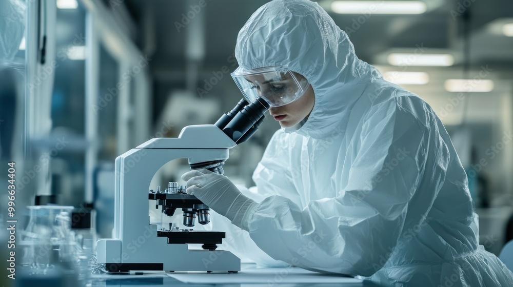 Poster a scientist in protective gear examines samples under a microscope in a laboratory setting.