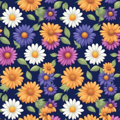 Obraz premium Colorful floral pattern featuring daisies and leaves on a dark background, perfect for textile and wallpaper designs.