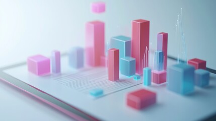 3D data visualization with colorful bars and lines on a digital interface.