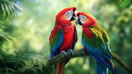 Obraz premium Depict a pair of parrots together, showcasing their social nature and how their colors complement each other. Show them in a romantic or playful pose to highlight their bonding behavior. 