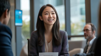 A confident young Asian woman smiles in a meeting room, holding her resume during an interview.