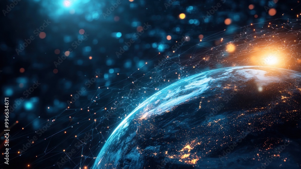 Sticker a digital representation of earth surrounded by cosmic elements and glowing particles.