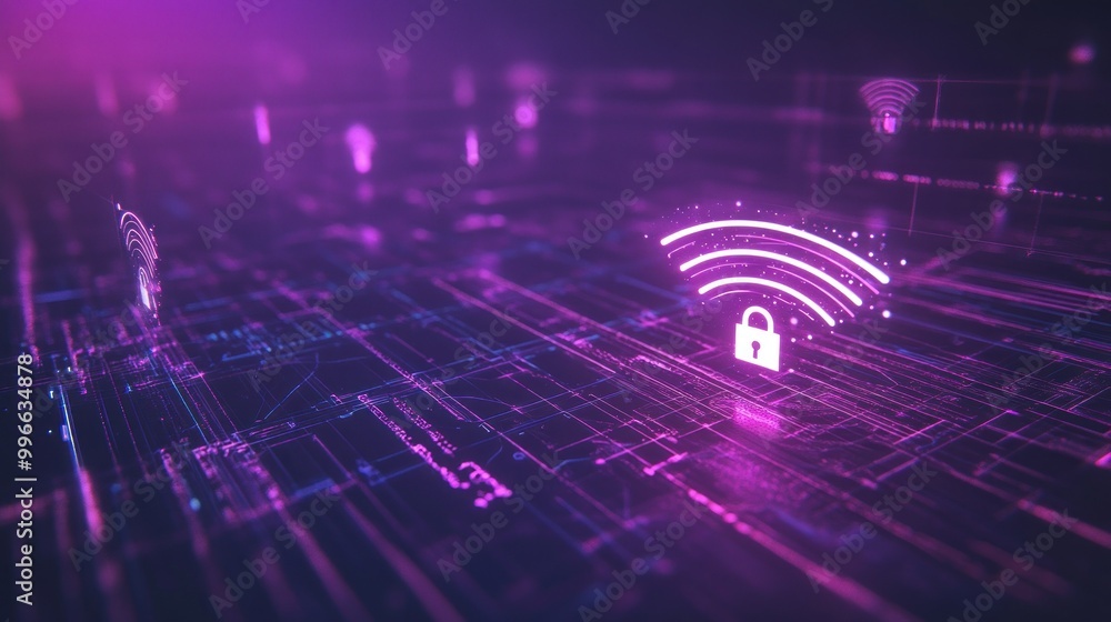Poster abstract digital representation of cybersecurity with a padlock and wi-fi signal.