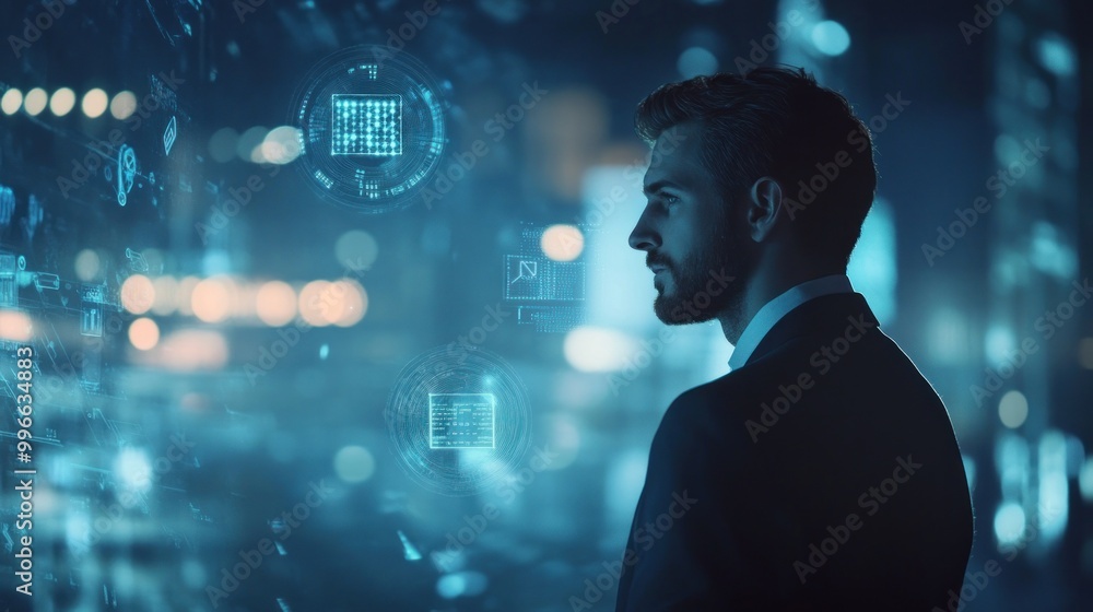 Poster a man in a suit gazes thoughtfully at digital data and technology projections.