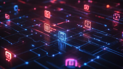 Obraz premium A digital network with glowing icons representing various technologies and applications.