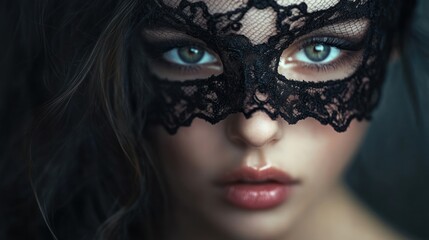Close up of a woman's face with a black lace mask covering her eyes.