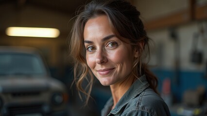 A female mechanic smiles confidently, surrounded by a rustic workshop ambiance with an old vehicle in the background, symbolizing empowerment and skill in a traditionally male field.