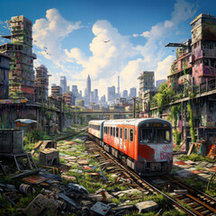 Fototapeta premium A detailed post-apocalyptic scene featuring an abandoned train on overgrown tracks, surrounded by decaying buildings and a distant city skyline