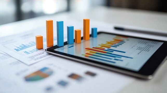 A tablet displaying colorful graphs and charts alongside printed reports on a table.