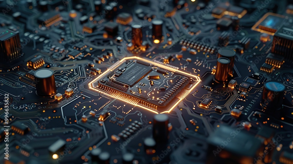 Poster a close-up of a circuit board with intricate details and various electronic components