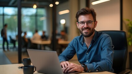 In an open and modern office setup, a relaxed professional seated comfortably, works efficiently on a laptop, highlighting productivity and tranquility in a contemporary work environment.