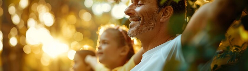 Fototapeta premium A smiling father and child enjoying a sunny day outdoors, surrounded by lush greenery and golden sunlight.
