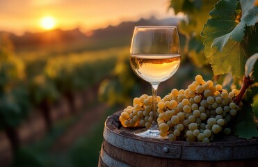 A glass of white wine and fresh grapes on a wooden barrel at sunset in a vineyard