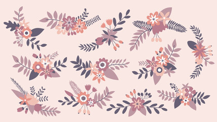 Cute floral decorative clipart set. Warm purple color palette. 12 cute decorative corners and text dividers, perfect for wedding invitation designs and crafting projects.