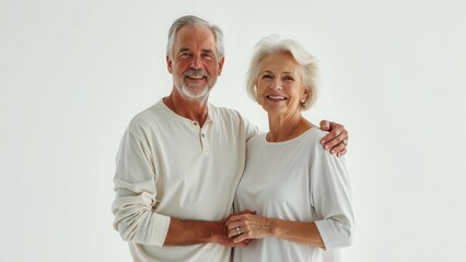 An elderly couple stands closely together, smiling warmly at the camera. Both are dressed in casual, comfortable clothing, exuding joy and companionship in a bright, softly lit environment.