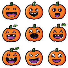 Sticker emoji set of Funny cheeky Halloween cute pumpkin