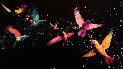 Colorful hummingbirds with glittery background.