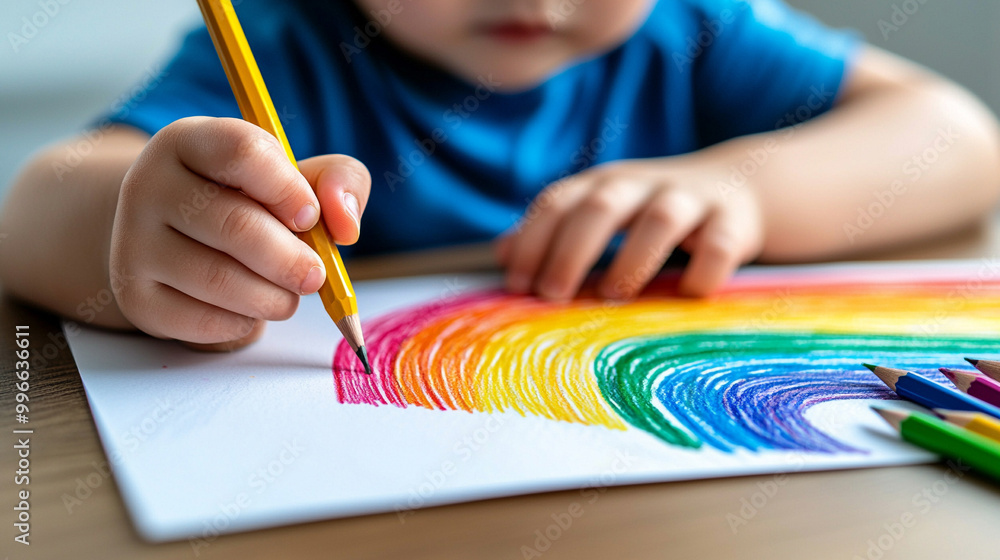 Wall mural child drawing a rainbow