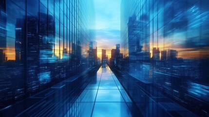 futuristic cityscape with skyscrapers reflecting neon lights in urban environment at night