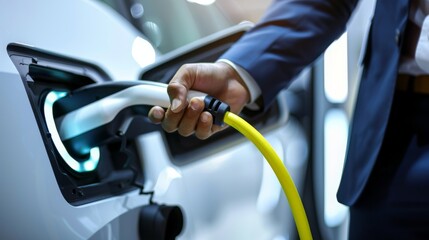 Close-up of a person plugging in an electric vehicle charger, emphasizing clean energy and sustainable transportation solutions.