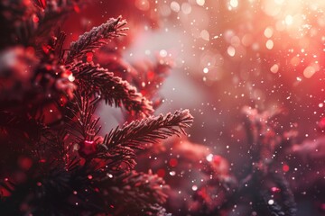 Festive red pine branches with snowy glow