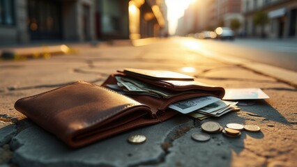 A brown wallet is lying open on a city street at sunset, with money and coins scattered around it, signifying loss or carelessness under the evening glow of the urban environment.