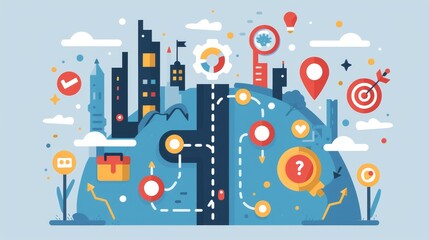 Naklejka premium Colorful illustration of business concept with cityscape, road, and various icons representing planning, strategy, and achievement.