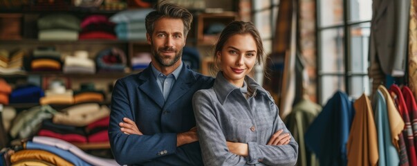 Fototapeta premium Confident business partners standing in clothing store with folded arms, surrounded by diverse apparel, showcasing teamwork and entrepreneurship.