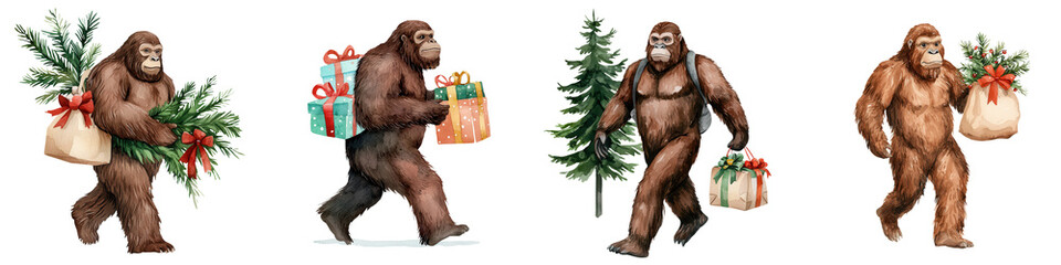 Fototapeta premium Four playful gorillas celebrating with holiday gifts and greenery.
