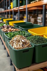 Closeup View of Green and Yellow Plastic Bins with Organic Materials on Wooden Platform in Recycling Center - Eco-Friendly Composting Concept